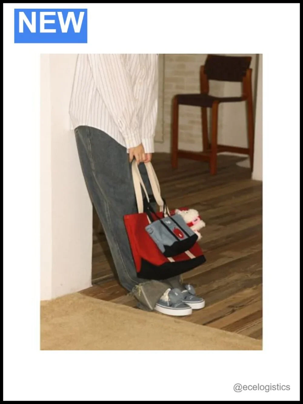 Large Canvas Shoulder Bag with Embroidered Apple Design, Adjustable Strap,
